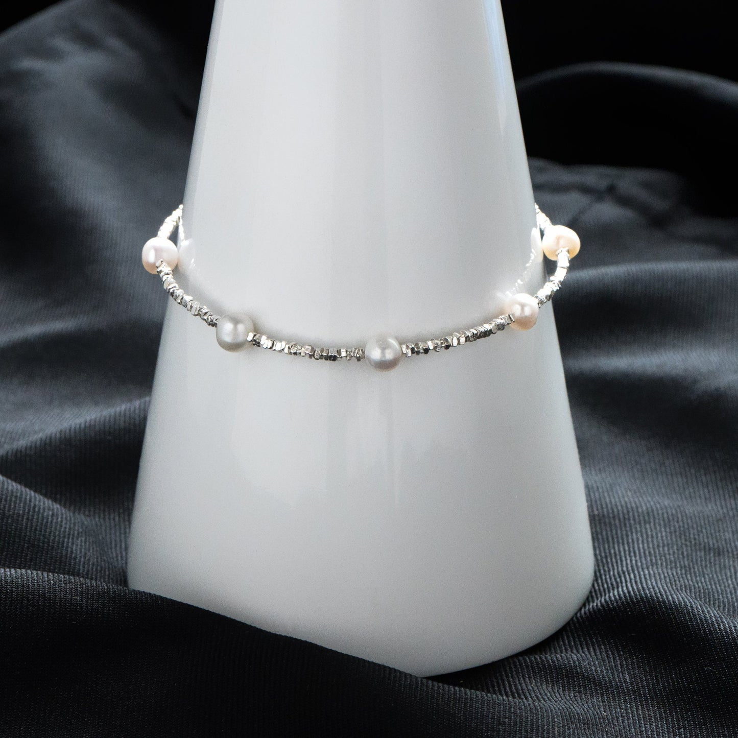 Sterling Silver Beaded Bracelet with Natural Pearls, Adjustable Solid .925 Silver Bracelets (CY-055)