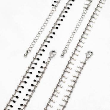 Rhodium plated Brass Enamel Chain, Adjustable Bracelet/ Anklet/ Necklace, White/ Black (#LK-202)