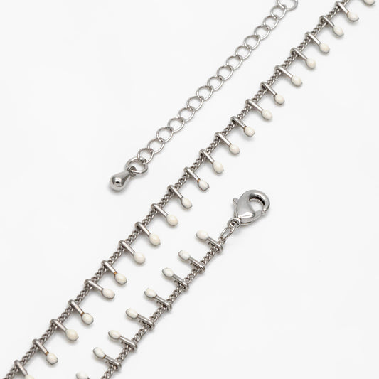 Rhodium plated Brass Enamel Chain, Adjustable Bracelet/ Anklet/ Necklace, White/ Black (#LK-202)