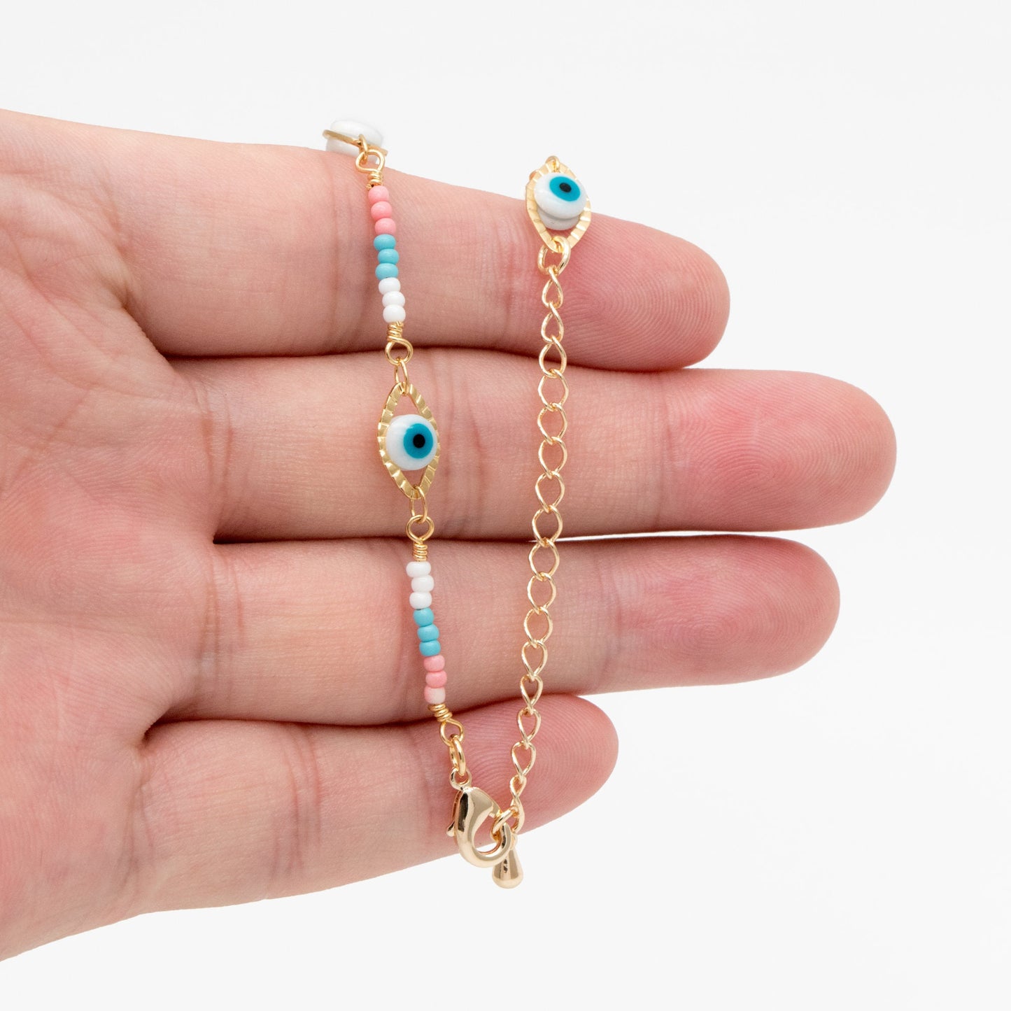 Gold Evil Eye Chain with Seed Beads, Finished Bracelet/ Anklet/ Necklace with Adjustable Extender Chain, Ready to Wear (#LK-611)