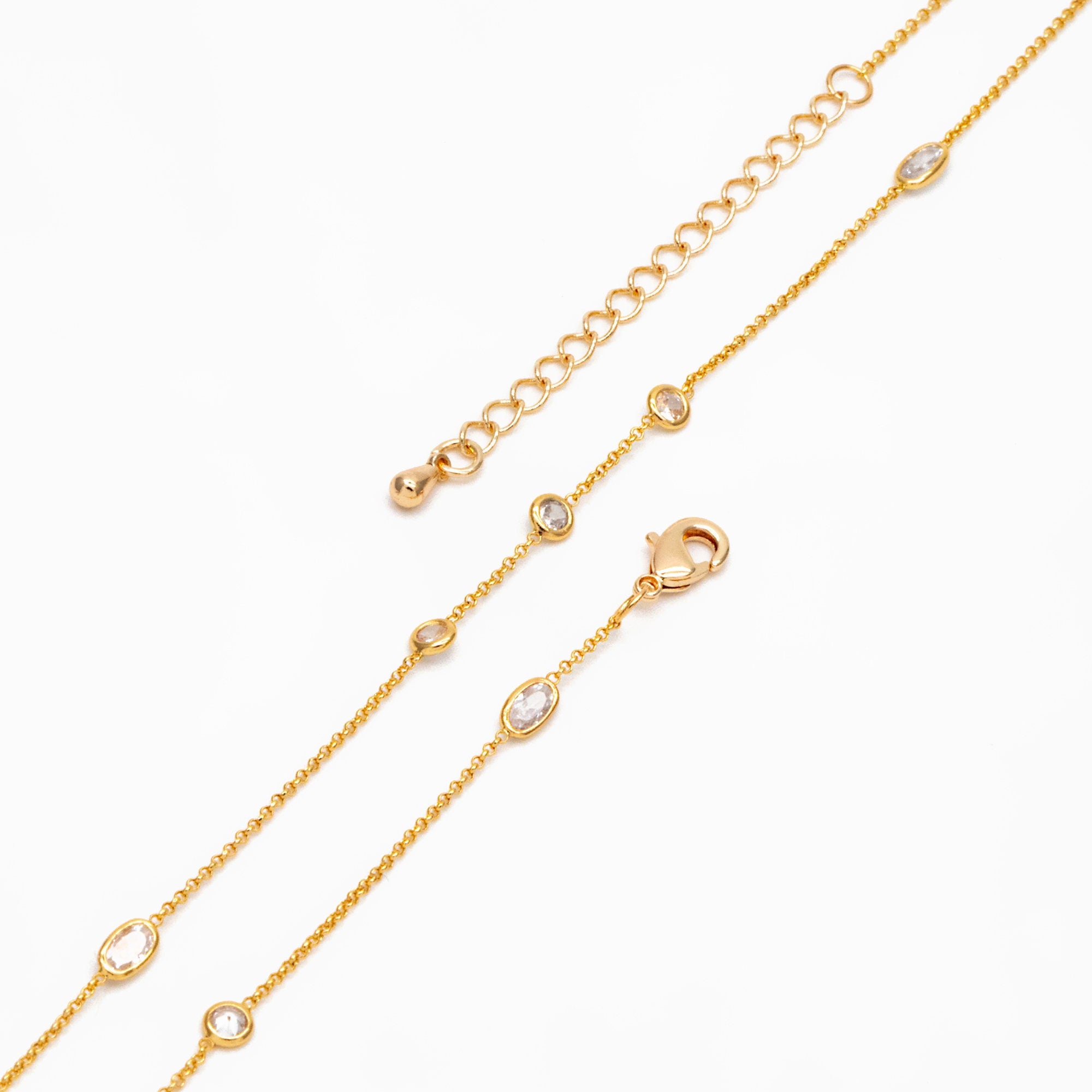 CZ Pave Gold Oval and Round Beads Chain, Adjustable Necklace with Extender, 18K Gold plated Brass, Ready to Wear (#LK-612)