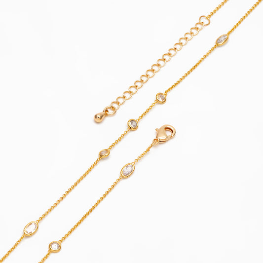 CZ Pave Gold Oval and Round Beads Chain, Adjustable Necklace with Extender, 18K Gold plated Brass, Ready to Wear (#LK-612)