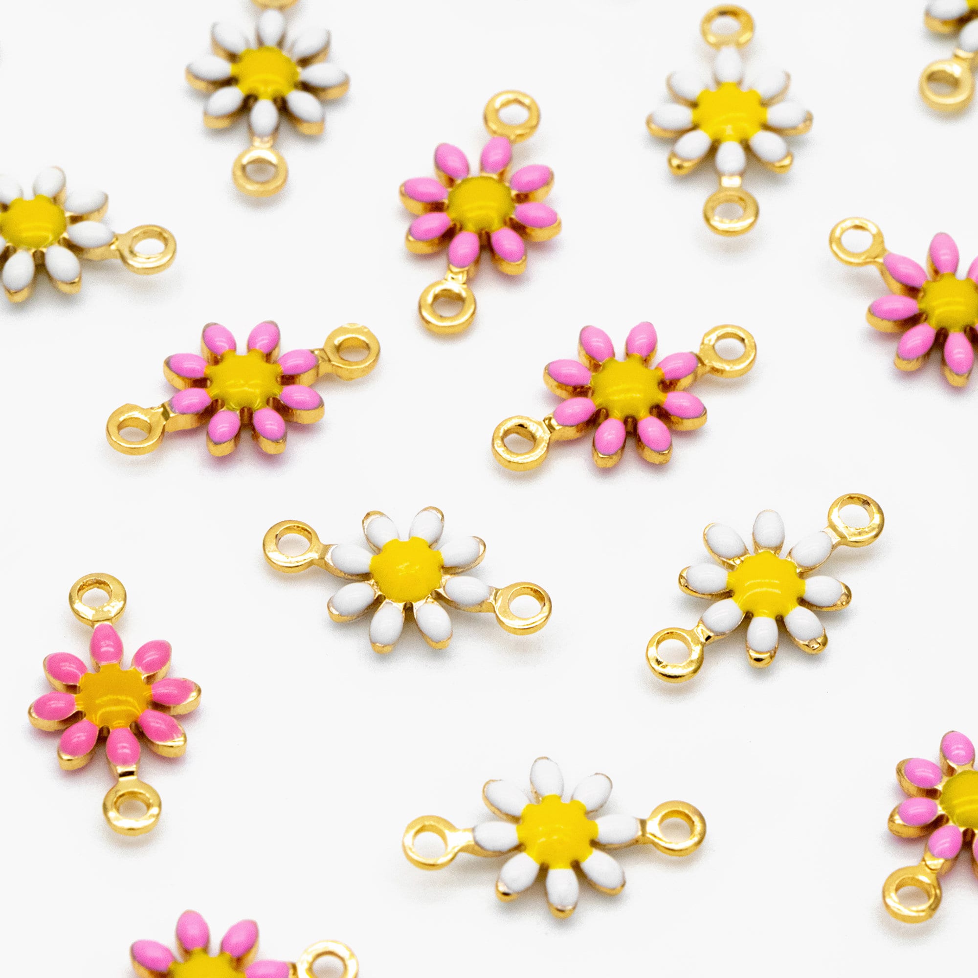 10pcs Gold Enamel Flower Charm Connectors 13x7.5mm, 18K Gold plated Brass, Floral Pendants with Loops (GB-4436)