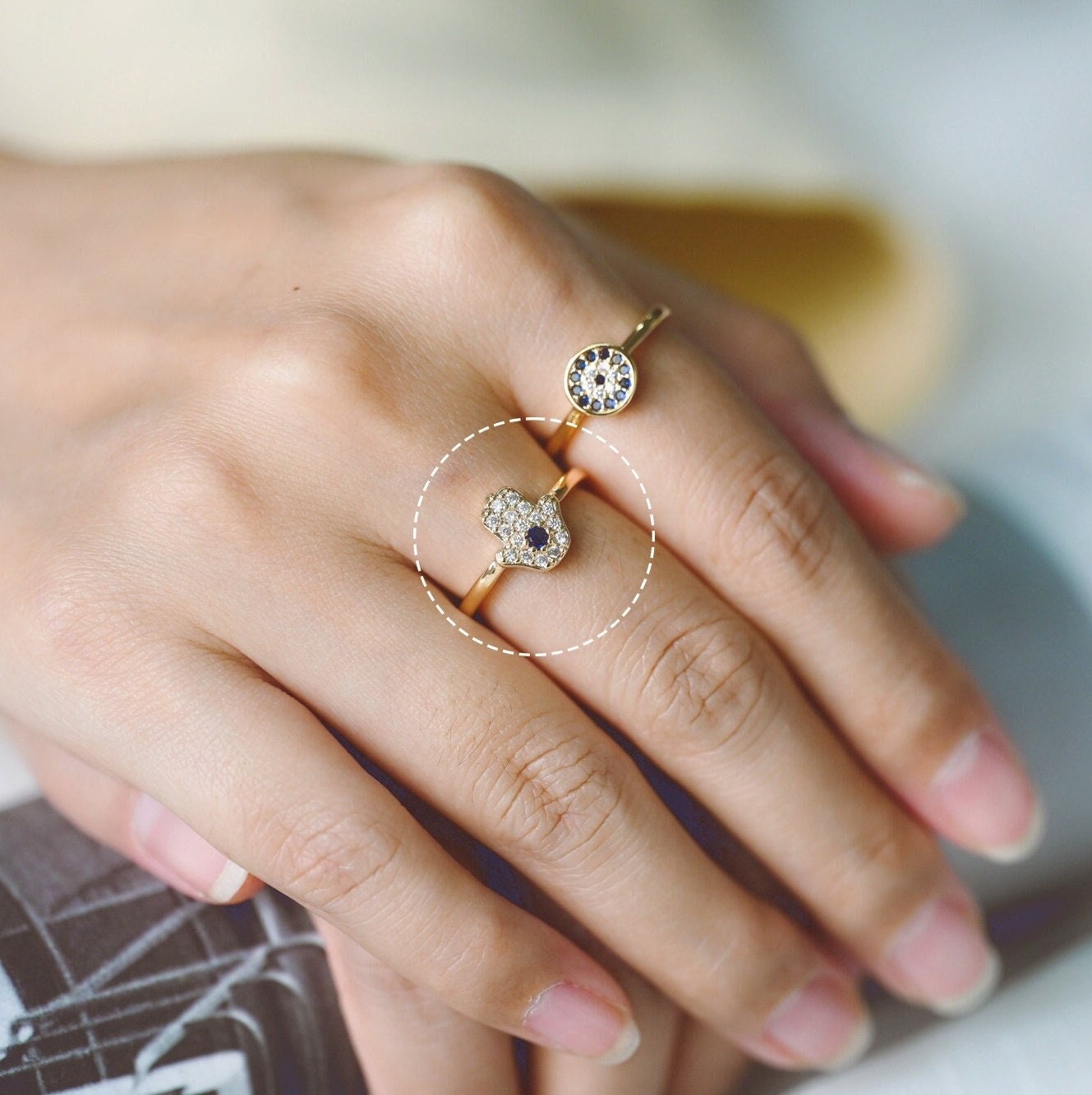 4pcs CZ Pave Gold Hamsa Ring, Hand of Fatima Ring, Protection Ring, Adjustable Ring (#JZ-026-B)