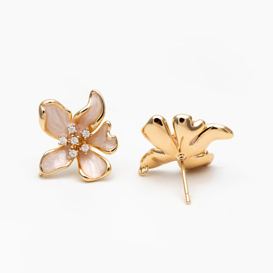 4pcs CZ Pave Gold Enamel Flower Earrings with Loop, Gold Plated Brass Stud Earrings, DIY Ear Findings (GB-4445)