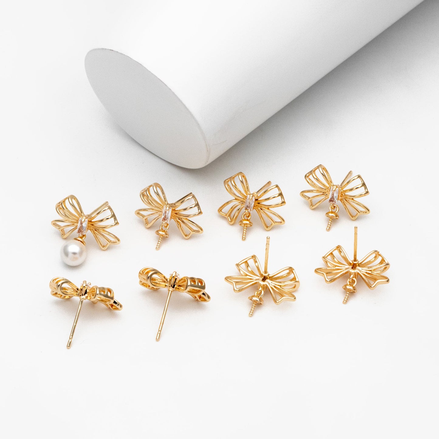 4pcs CZ Pave Gold Bowknot Earrings With Pearl Peg, Pearl Earring Mounts, Half Drilled Pearls Earring Settings (GB-4438)