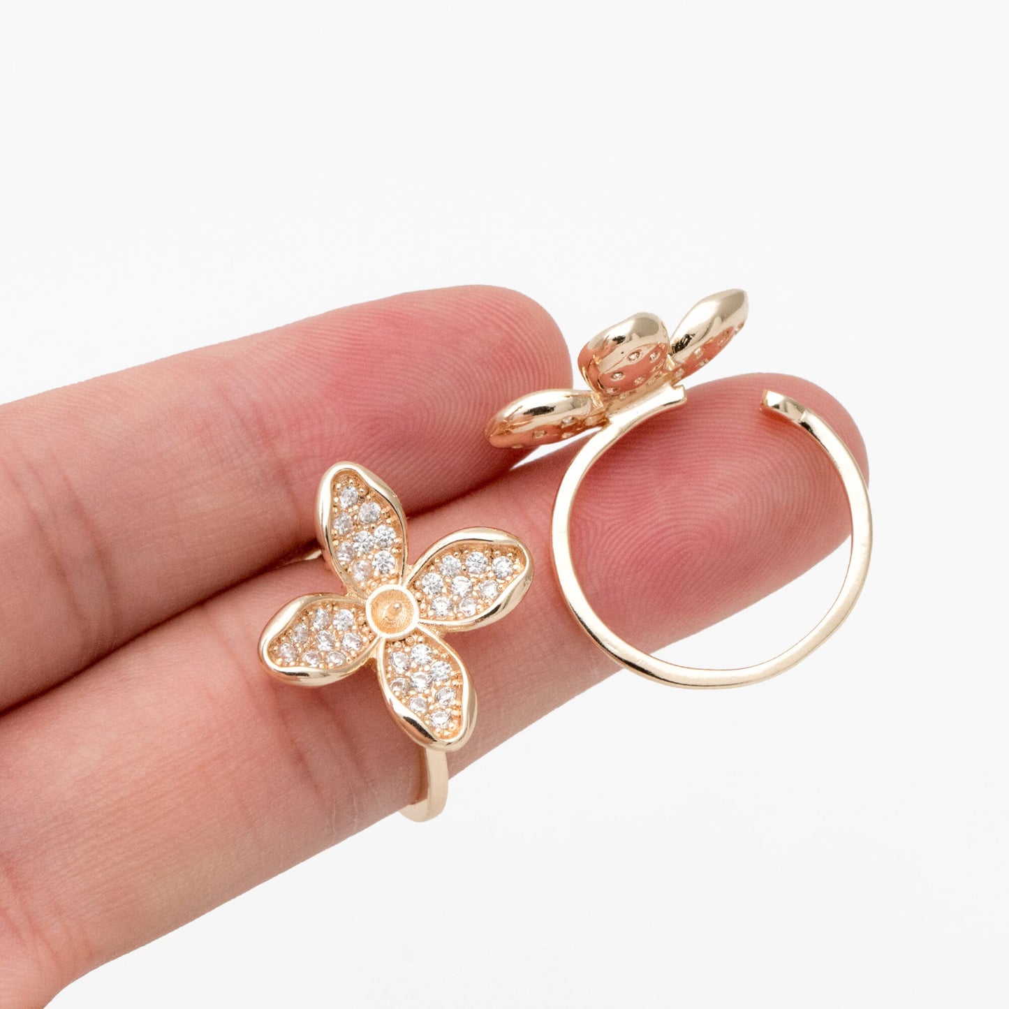 4pcs CZ Pave Gold Flower Ring, Adjustable Ring Mounting, Pearl Ring Setting (#JZ-019-C)