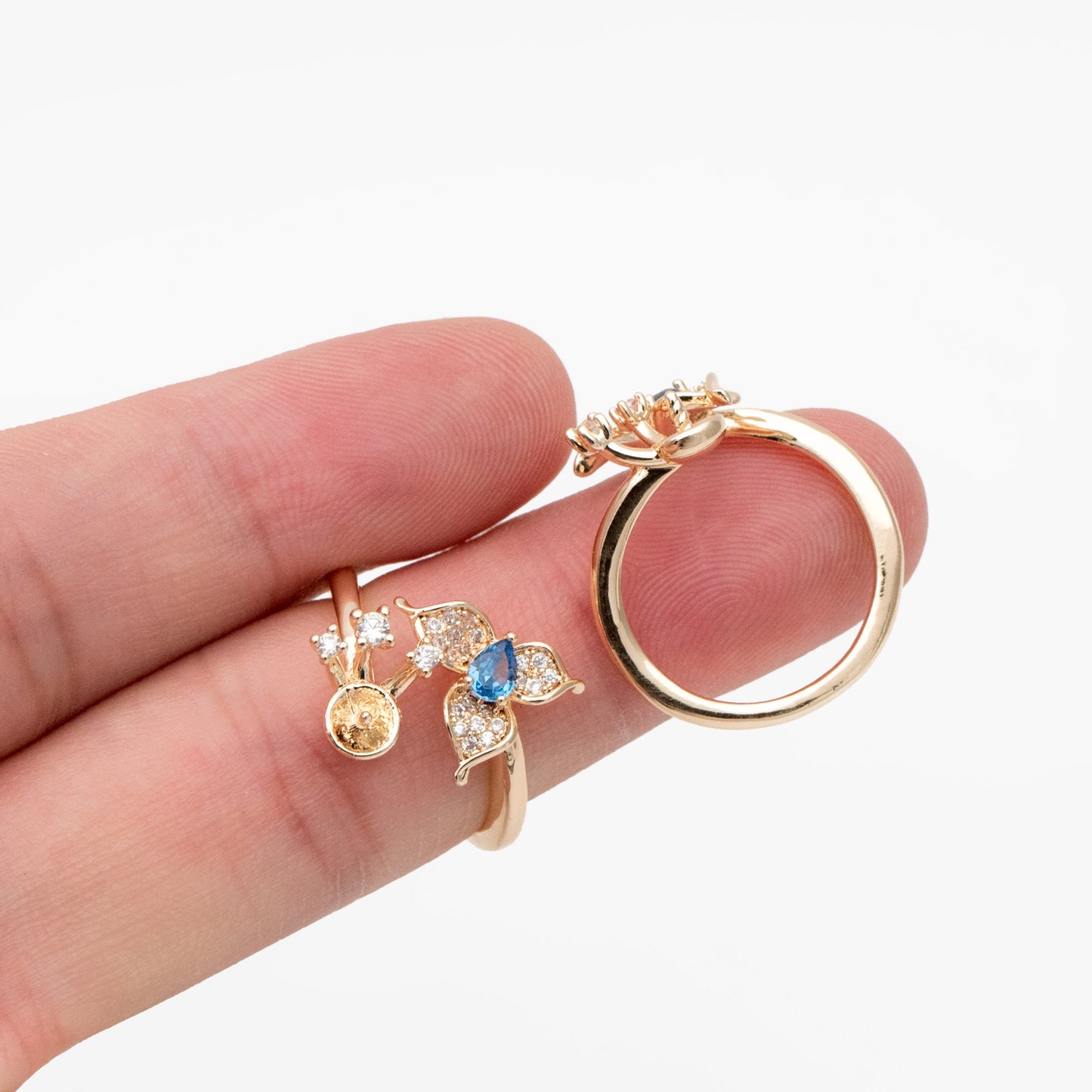 4pcs Blue CZ Pave Gold Flower Ring, Adjustable Ring Mounting, Pearl Ring Setting (#GB-4440)