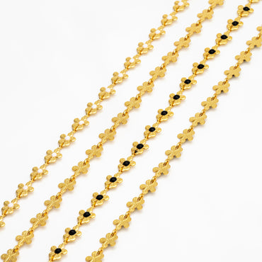 Enamel White/ Black Flower Chain, Gold Plated Brass Designer Chain 6mm, Floral Link Chain Findings (#LK-616)/ 1 Meter=3.3ft