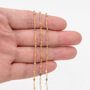Gemstone CZ Beaded Rosary Chain, Cubic Zirconia Chains, 18K Gold plated on Brass, Mix Color Chain (#LK-608)/ 1 Meter=3.3ft
