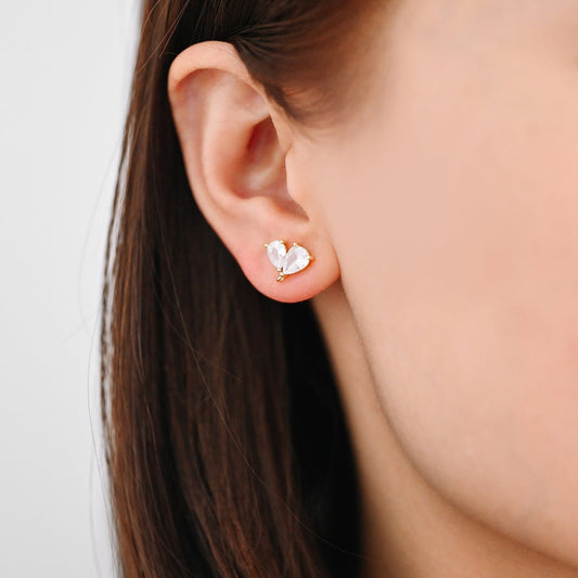 4pcs CZ Pave Heart Earring with Loop, Gold Plated Brass leaf Stud Earrings, Teardrop Earring, Wholesale Supplies (GB-3328)