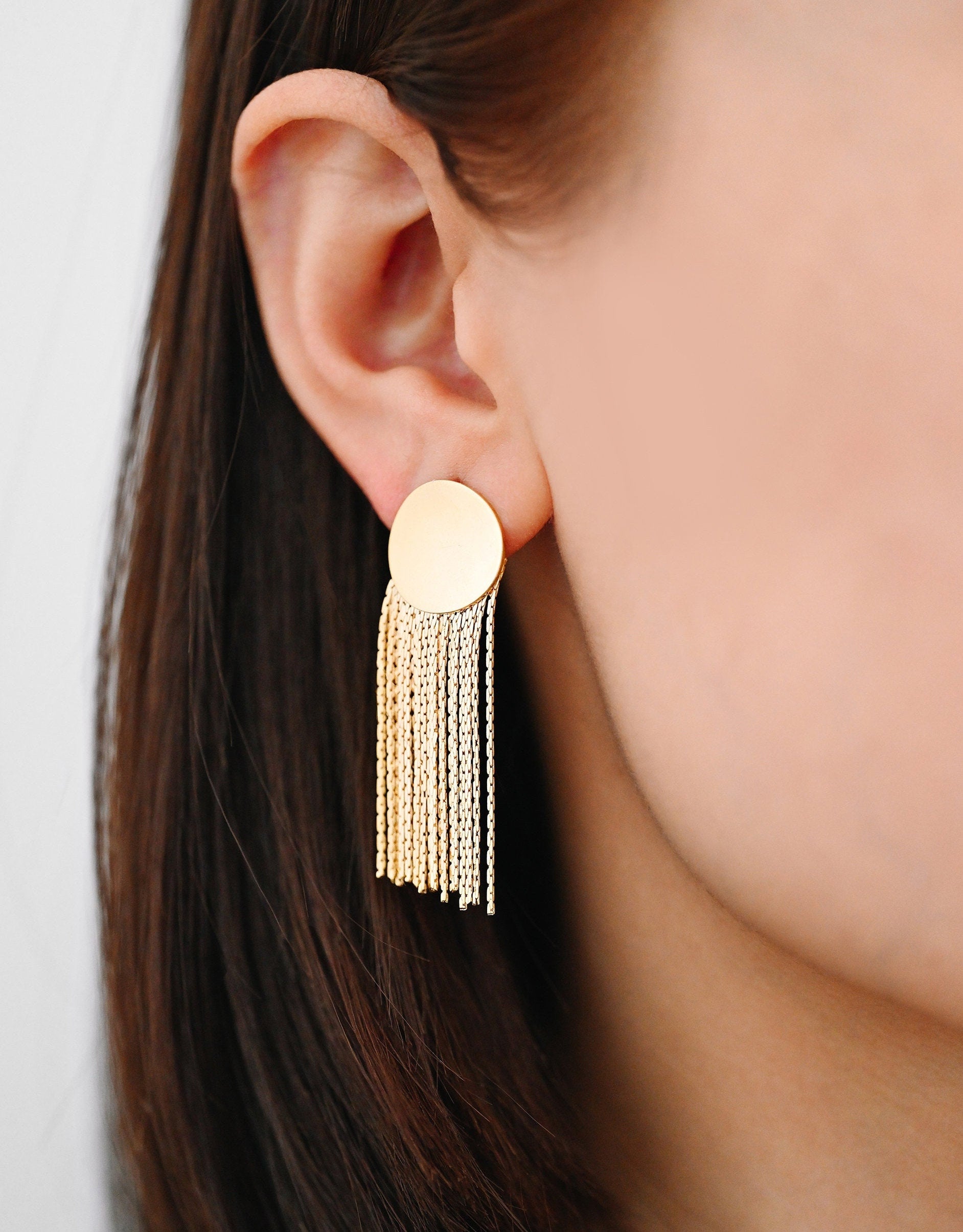 4pcs Gold Round Disc Tassel Ear Posts 48mm, 18K Gold plated Brass Dangling Stud Earring (GB-3356)
