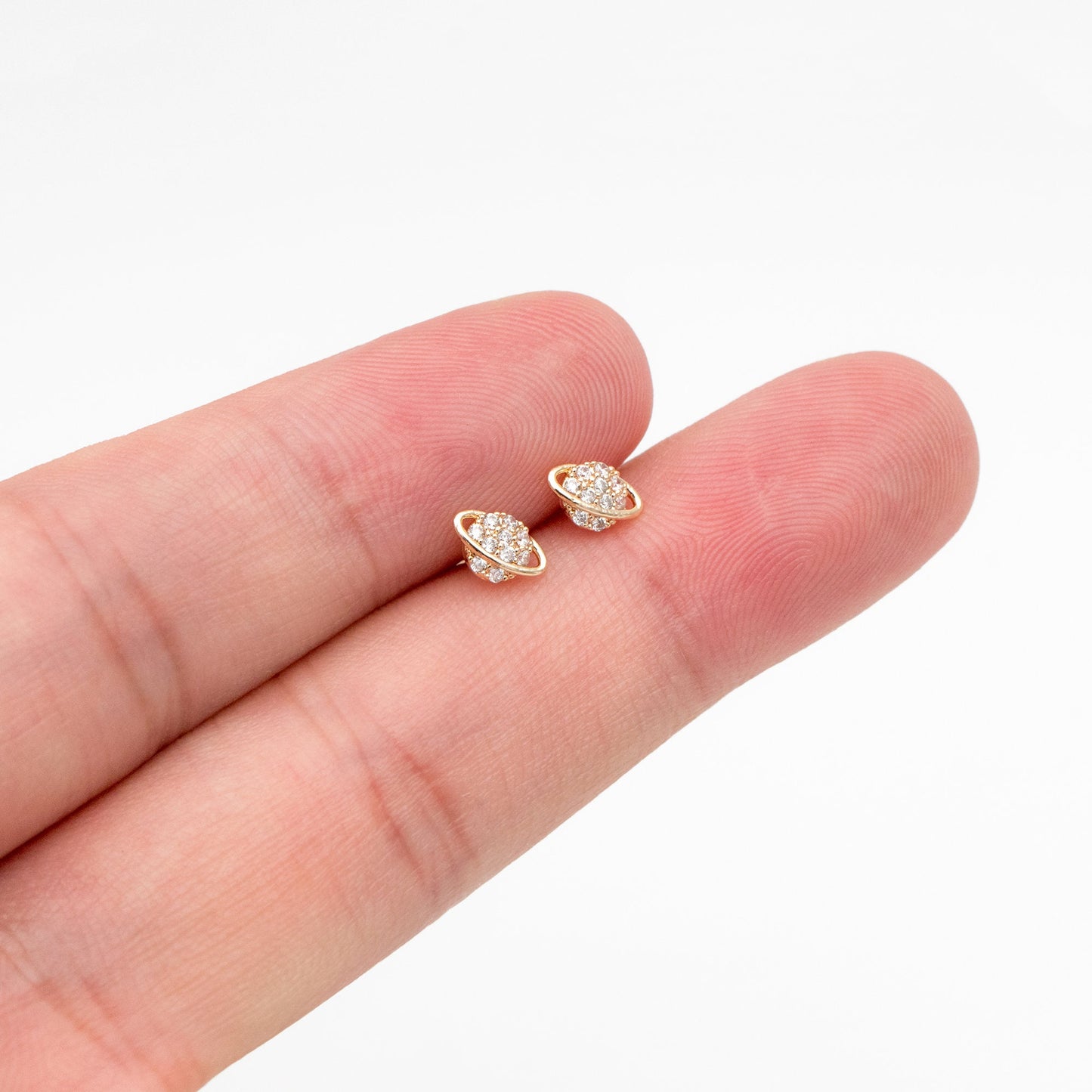 4pcs CZ Pave Gold Saturn Earrings, Real Gold Plated Brass, Minimalist Stud Earrings (#GB-4452)