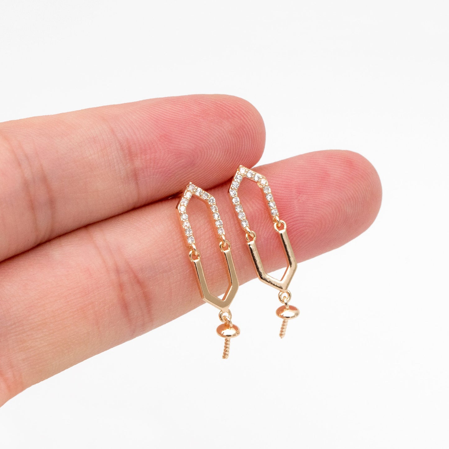 4pcs CZ Pave Gold Long Hexagon Earrings, Pearl Earring Mounts, Half Drilled Pearls Earring Settings (#GB-4458)