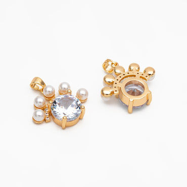 4pcs CZ Pave Gold Round Charms, 18K Gold plated Brass, Faux Pearl Necklace Pendant (GB-4459)