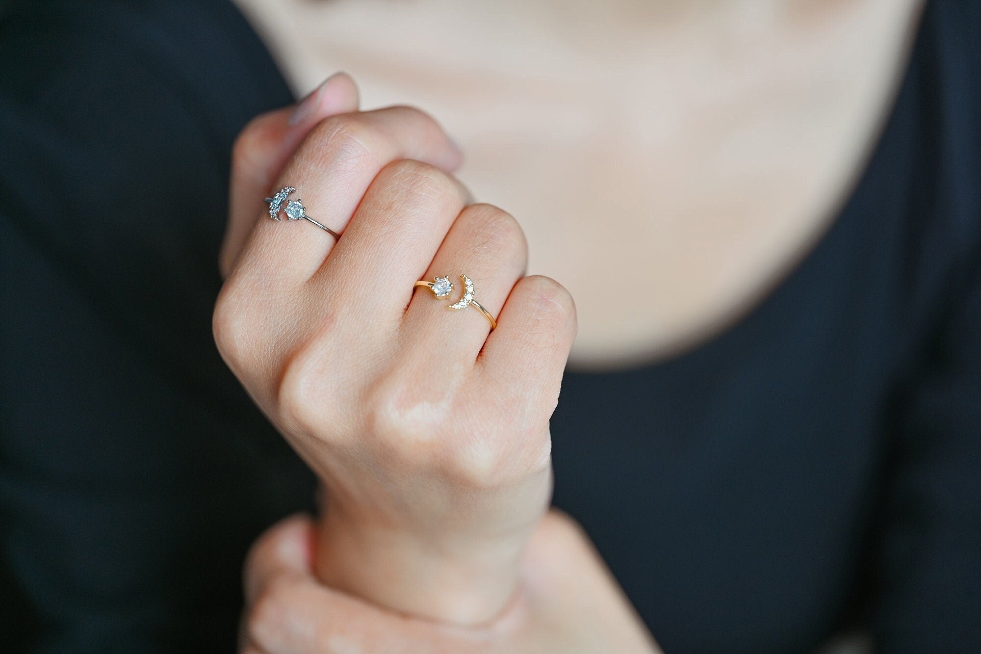 4pcs CZ Pave Gold/ Silver Moon Ring, Celestial Ring, Dainty Rings, Adjustable Ring, Thin Ring (#JZ-017-A)