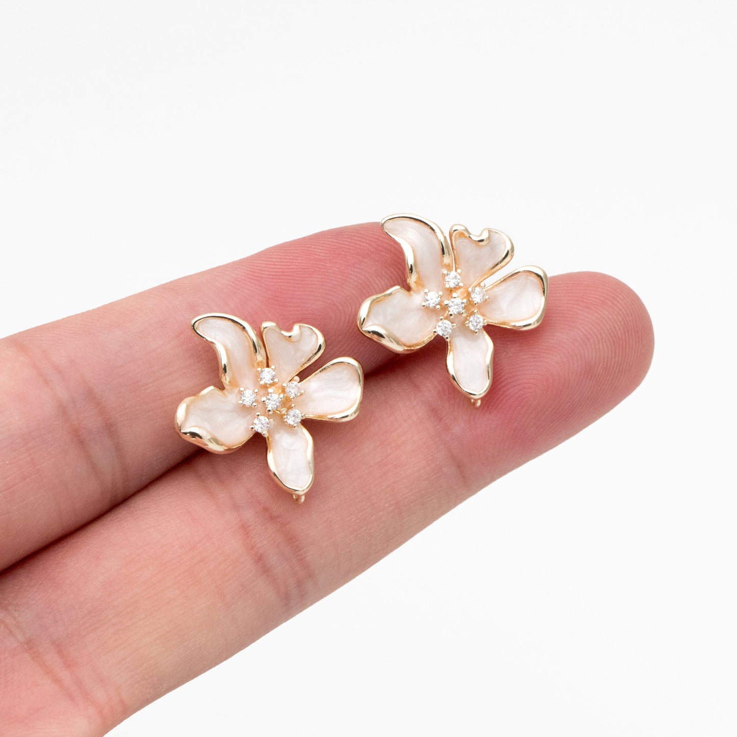 4pcs CZ Pave Gold Enamel Flower Earrings with Loop, Gold Plated Brass Stud Earrings, DIY Ear Findings (GB-4445)