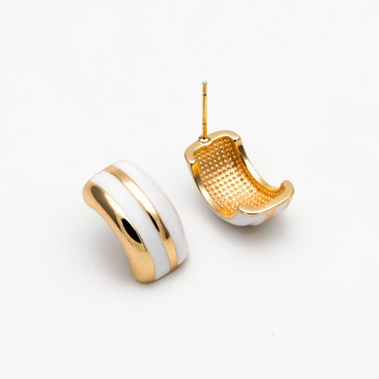 4pcs White/ Black Enamel Stud Earrings, 18K Gold plated Brass, Minimalist C Shaped Earrings (GB-4433)