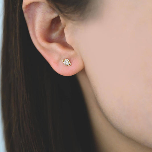 4pcs CZ Pave Gold Saturn Earrings, Real Gold Plated Brass, Minimalist Stud Earrings (#GB-4452)