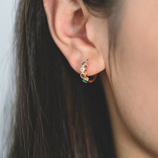 4pcs Rainbow CZ Pave Hoop Earrings: 18K Gold Huggie Earrings (GB-3453)