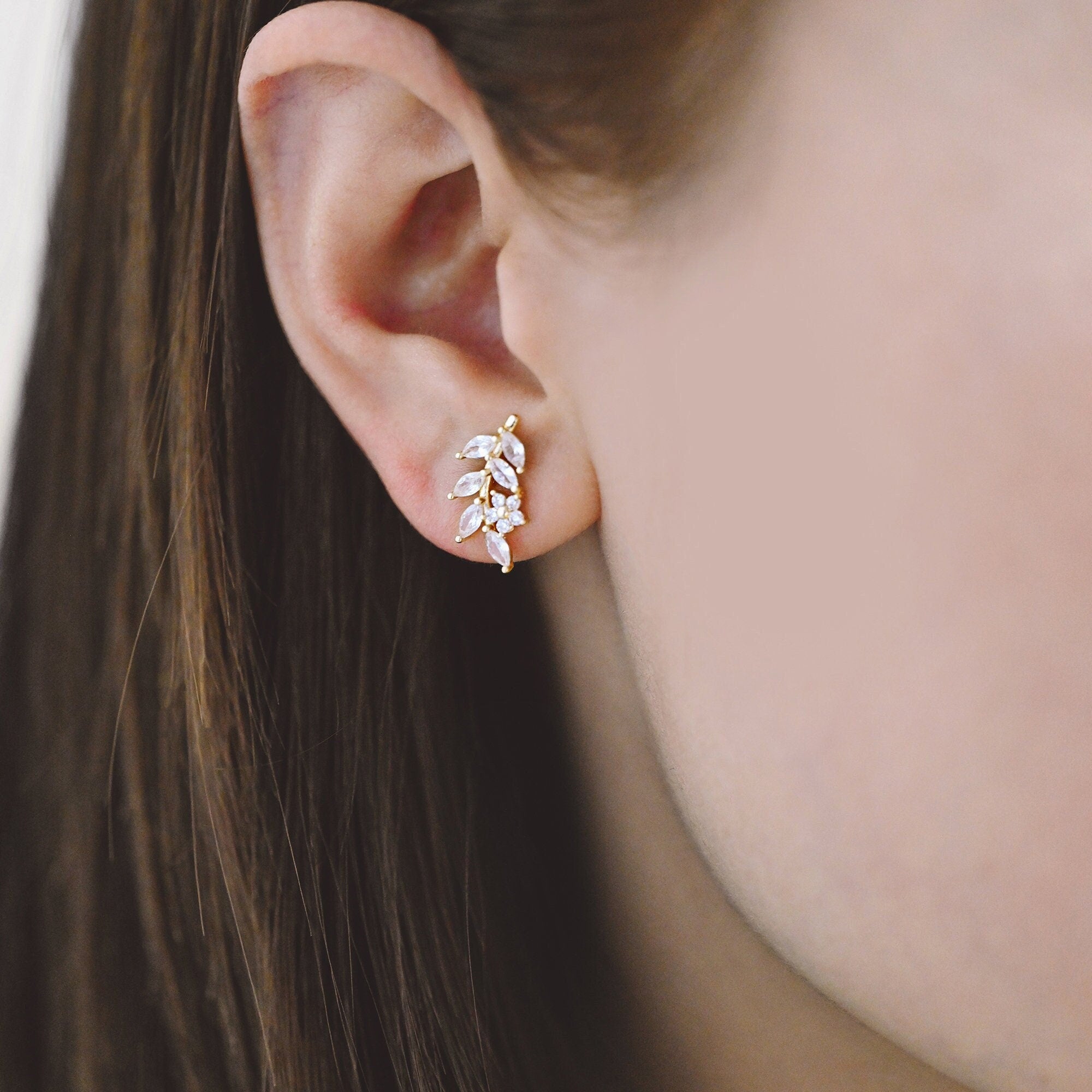 4pcs CZ Pave Gold/ Silver Leaf Earrings, 18K Real Gold/ Rhodium Plated Brass, Dainty Flower Stud Earrings (GB-4354)