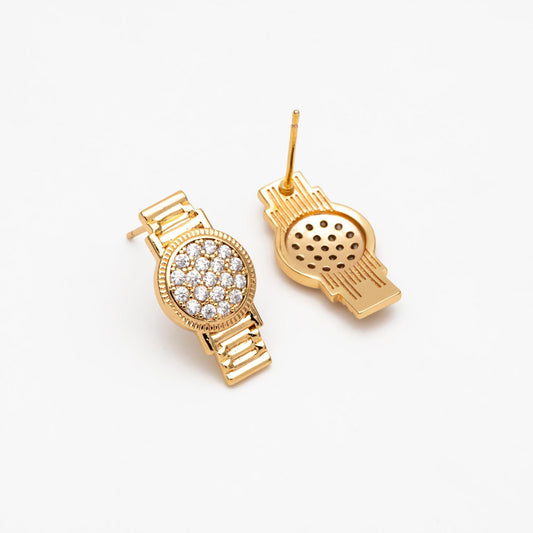 4pcs CZ Pave Gold/ Silver Watch Earrings, 18K Real Gold/ Rhodium Plated Brass, Dainty Stud Earrings (GB-4480)