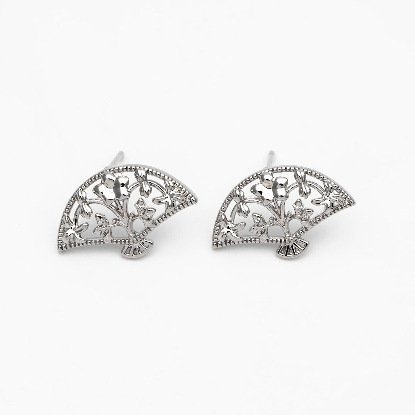 10pcs Gold/ Silver Tone Fan Shape Earrings, Gold/ Rhodium Plated Brass, Flower Fan Stud Earrings (#GB-4486)