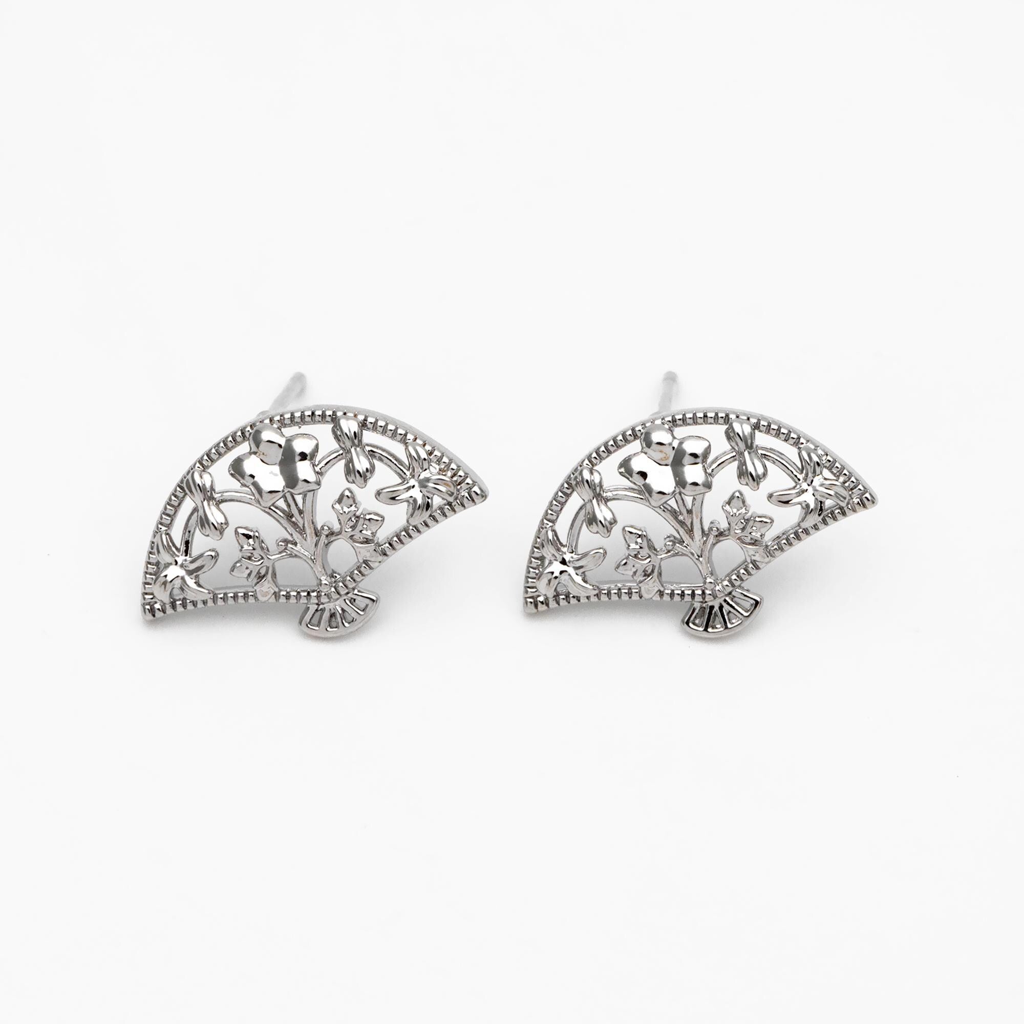 10pcs Gold/ Silver Tone Fan Shape Earrings, Gold/ Rhodium Plated Brass, Flower Fan Stud Earrings (#GB-4486)