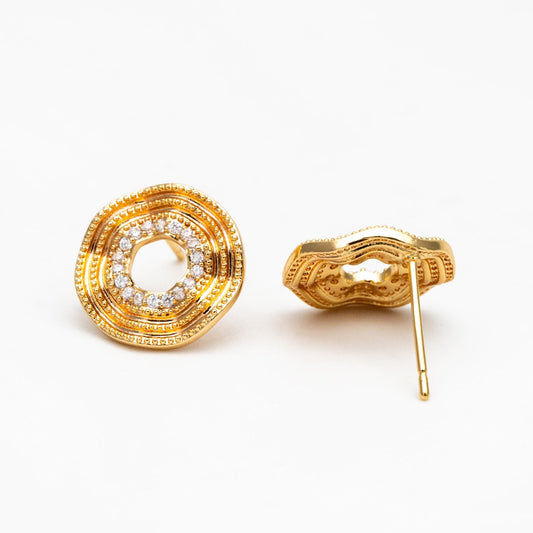 4pcs CZ Pave Gold/ Silver Tone Round Wave Earrings 14mm, Gold/ Rhodium Plated Brass Dainty Stud Earrings (GB-4487)