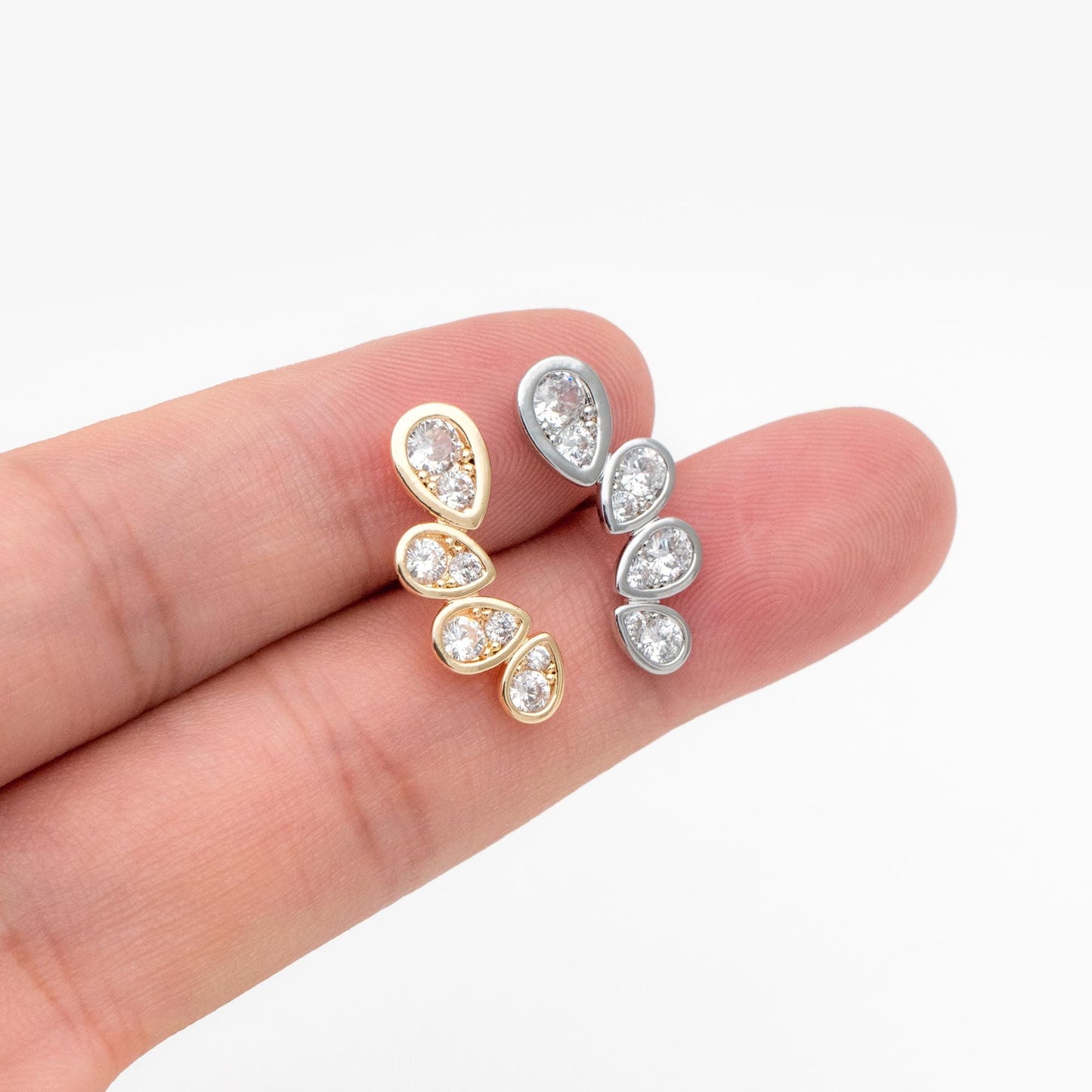4pcs CZ Pave Gold/ Silver Tone Teardrop Earrings, 18K Gold/ Rhodium Plated Brass, Dainty Stud Earrings (GB-4488)