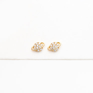 4pcs CZ Pave Gold Saturn Earrings, Real Gold Plated Brass, Minimalist Stud Earrings (#GB-4452)