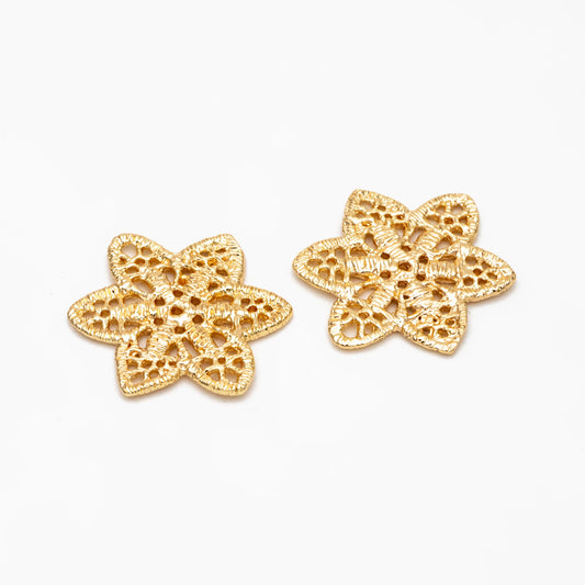 10pcs Gold Filigree Flower Charm Pendants 25mm, Real Gold plated Brass Connectors with Multi Loops (GB-890-B)