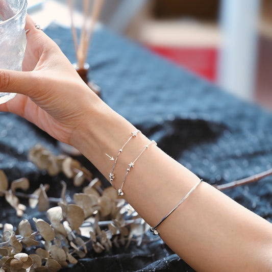 Sterling Silver Double Layer Star Bracelet, .925 Silver Adjustable Bracelet, Dainty Bracelet (CY-056)