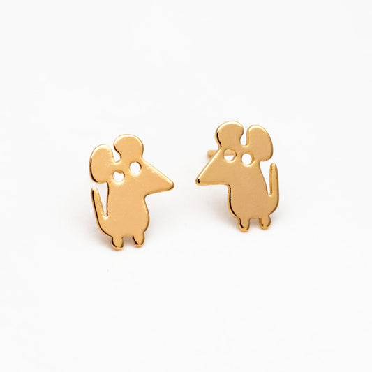 10pcs Gold/ Silver Tone Cute Mouse Earrings, Gold/ Rhodium Plated Brass, Minimalist Animal Stud Earrings (GB-4494)