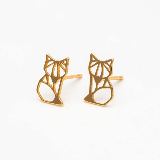 10pcs Gold/ Silver Tone Hollow Fox Earrings, Gold/ Rhodium Plated Brass, Minimalist Animal Stud Earrings (GB-4498)