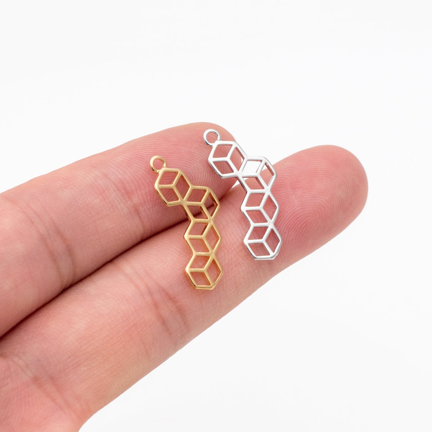 10pcs Gold/ Silver Hexagon Charm Pendants 23x10mm, Gold/ Rhodium plated Brass Geometric Link Connectors (GB-295)