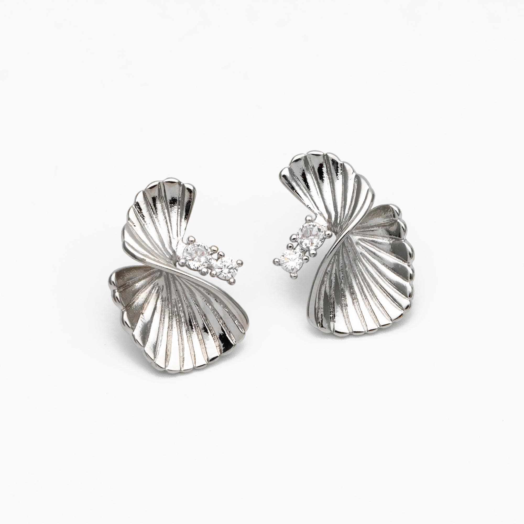 4pcs CZ Pave Leaf Earrings: Gold/ Rhodium Plated Brass Studs (GB-4510)