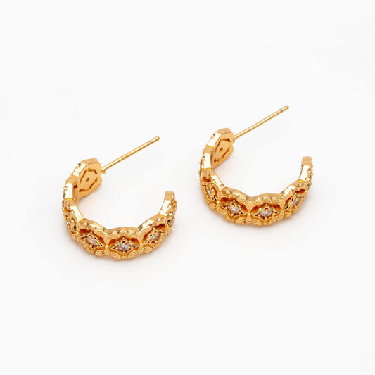 4pcs CZ Pave Gold/ Silver Tone Round Circle Earrings, Gold/ Rhodium plated Brass, Geometric Hoop Stud Earrings (GB-4512)