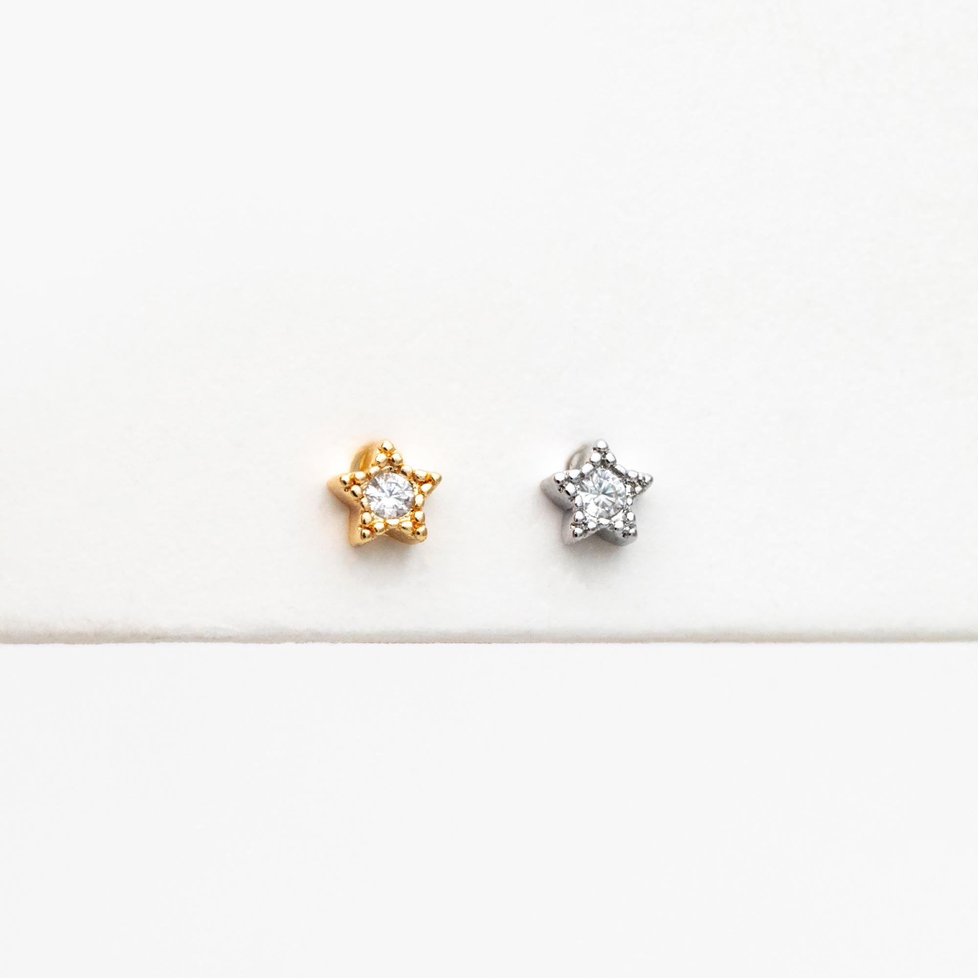 10pcs CZ Pave Gold/ Silver Tone Star Earrings, Gold/ Rhodium Plated Brass, Dainty Star Stud Earrings (GB-3041-A)