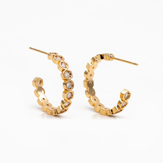 4pcs CZ Pave Gold/ Silver Round Circle Earrings, Gold/ Rhodium plated Brass, Geometric Hoop Stud Earrings (GB-4511)