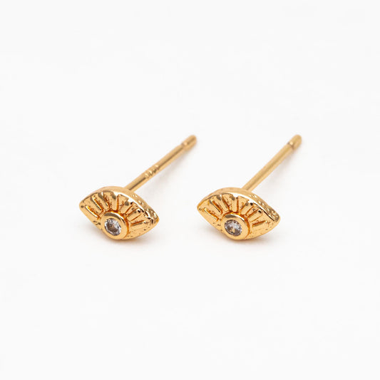 10pcs CZ Pave Gold/ Silver Tone Evil Eye Earrings, Real Gold/ Rhodium plated Brass, Dainty Eye Stud Earrings (GB-4521)