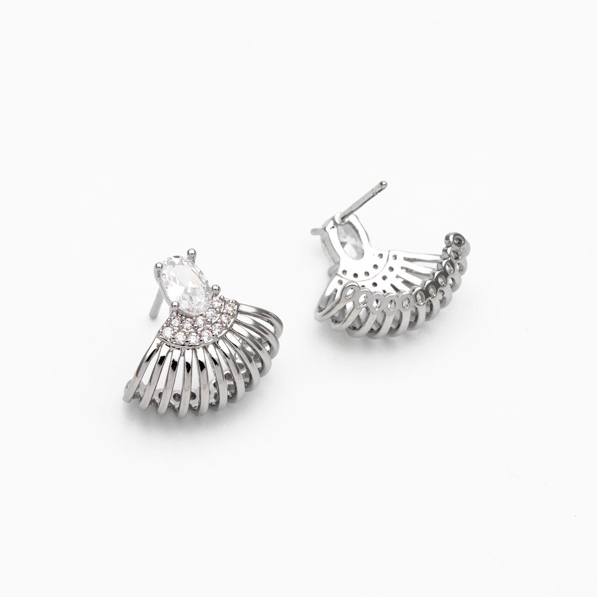 4pcs CZ Pave Gold/ Silver Tone Fan Shaped Earrings, Real Gold/ Rhodium Plated Brass, Fan Stud Earrings (#GB-4525)