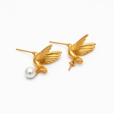 4pcs Matte Gold Hummingbird Earrings, Half Drilled Pearl Mounts, Pearl Earring Settings (GB-4526)
