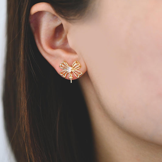 4pcs CZ Pave Gold Bowknot Earrings With Pearl Peg, Pearl Earring Mounts, Half Drilled Pearls Earring Settings (GB-4438)