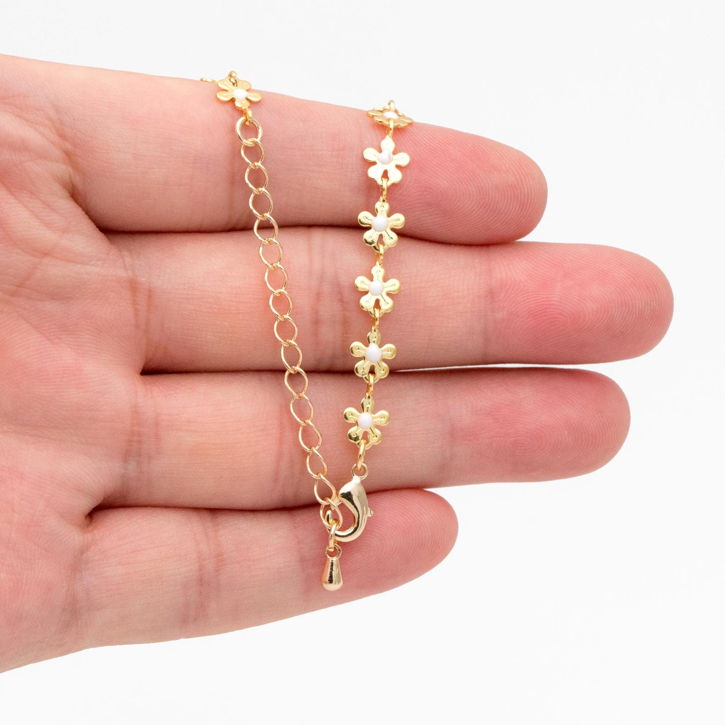 Enamel White/ Black Flower Chain, 18K Gold plated Brass, Adjustable Bracelet/ Anklet/ Necklace with Extender Chain, Ready to Wear (#LK-616)
