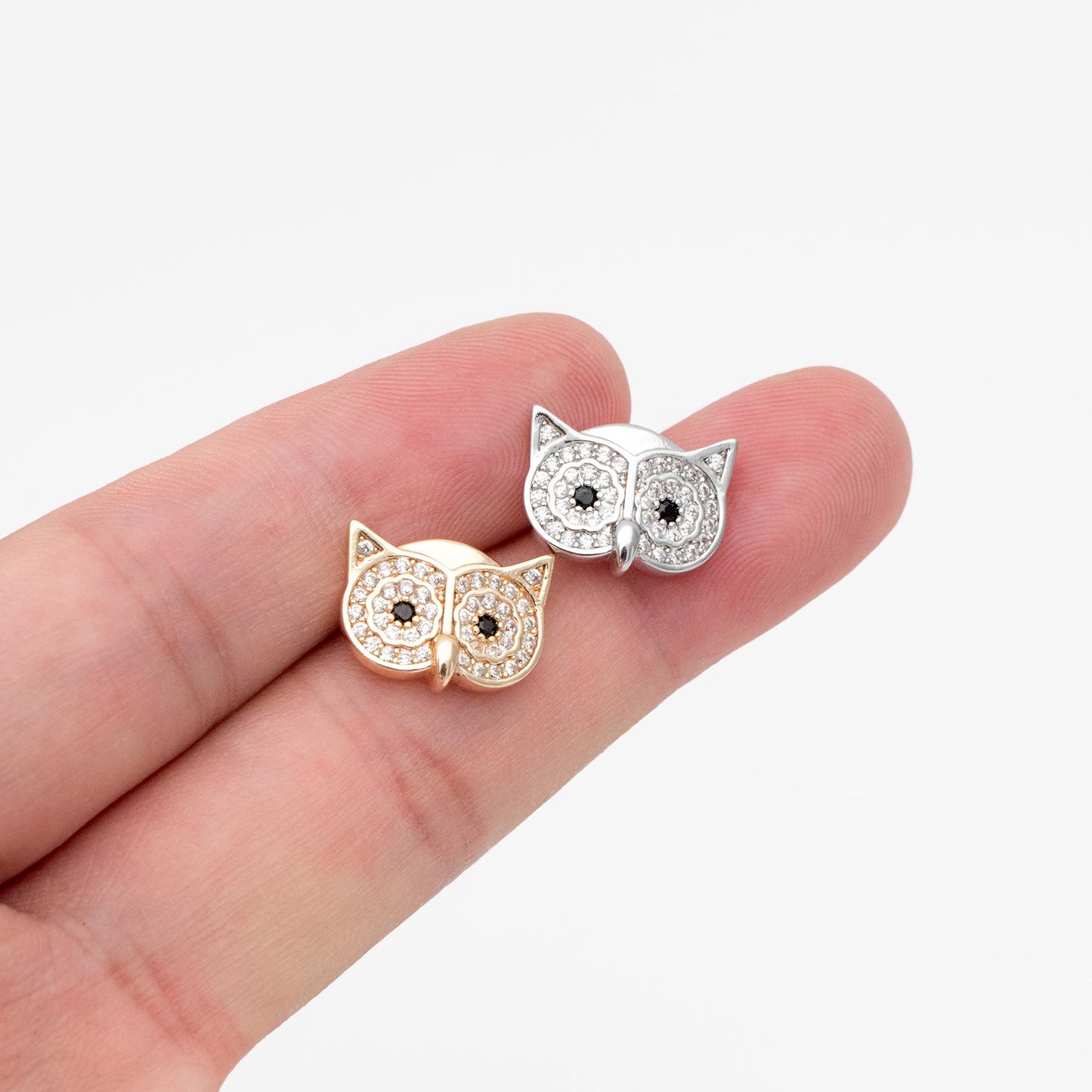 4pcs CZ Pave Gold/ Silver Tone Owl Earrings 11x14mm, Gold/ Rhodium Plated Brass, Bird Stud Earrings (GB-4513)
