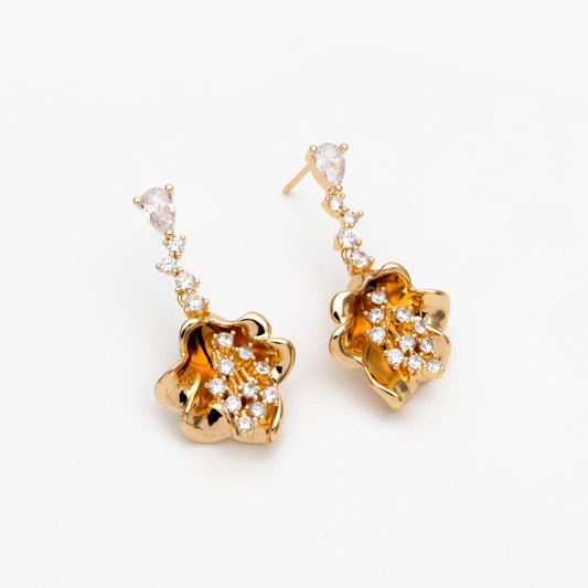 4pcs CZ Pave Gold/ Silver Tone Flower Earrings, 18K Gold/ Rhodium plated Brass, Dainty Dangle Earrings (GB-4517)