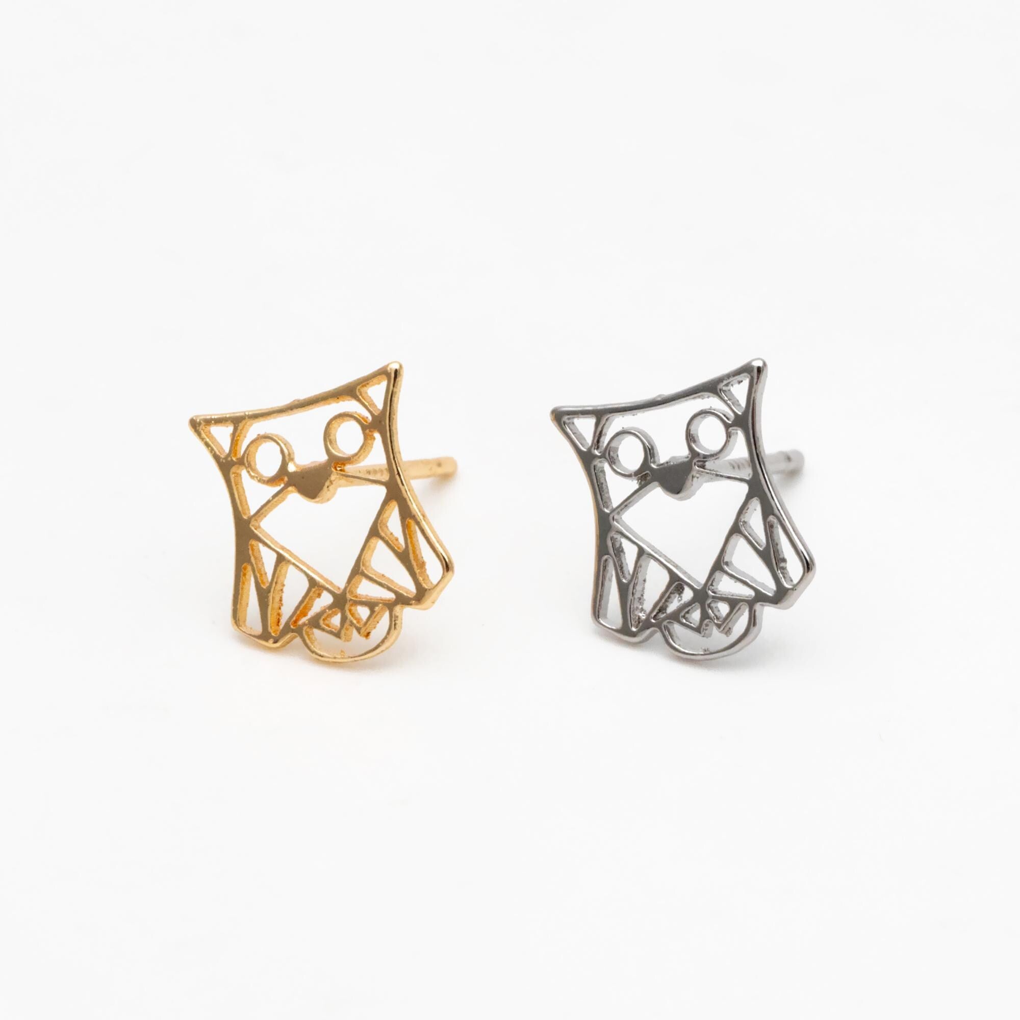 10pcs CZ Pave Gold/ Silver Tone Hollow Owl Earrings, Gold/ Rhodium Plated Brass, Bird Stud Earrings (GB-4530)