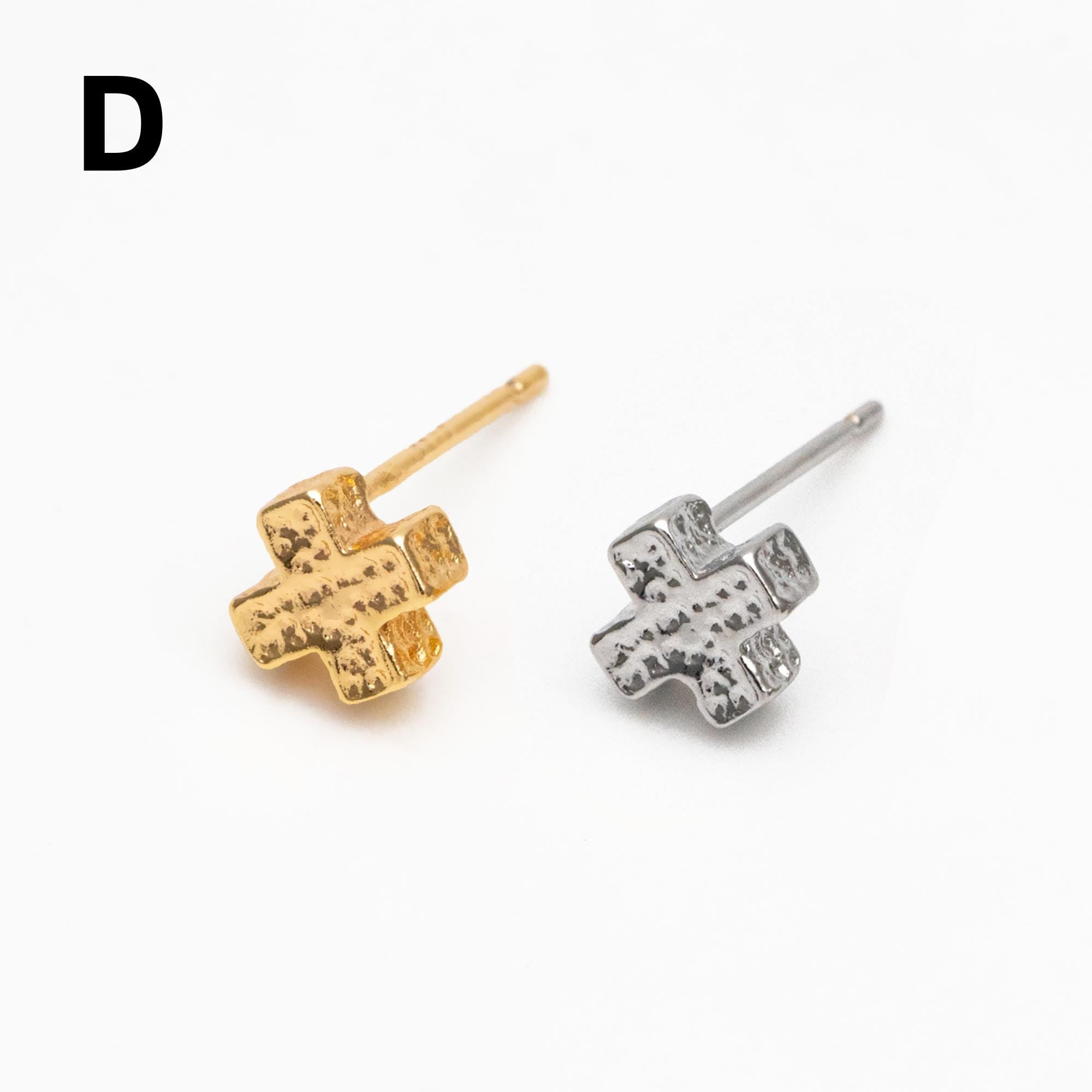 10pcs Gold/ Silver Tone Hammered Heart/ Clover/ Club/ Cross Earrings, Real Gold/ Rhodium Plated Brass Minimalist Stud Earrings (GB-4481)