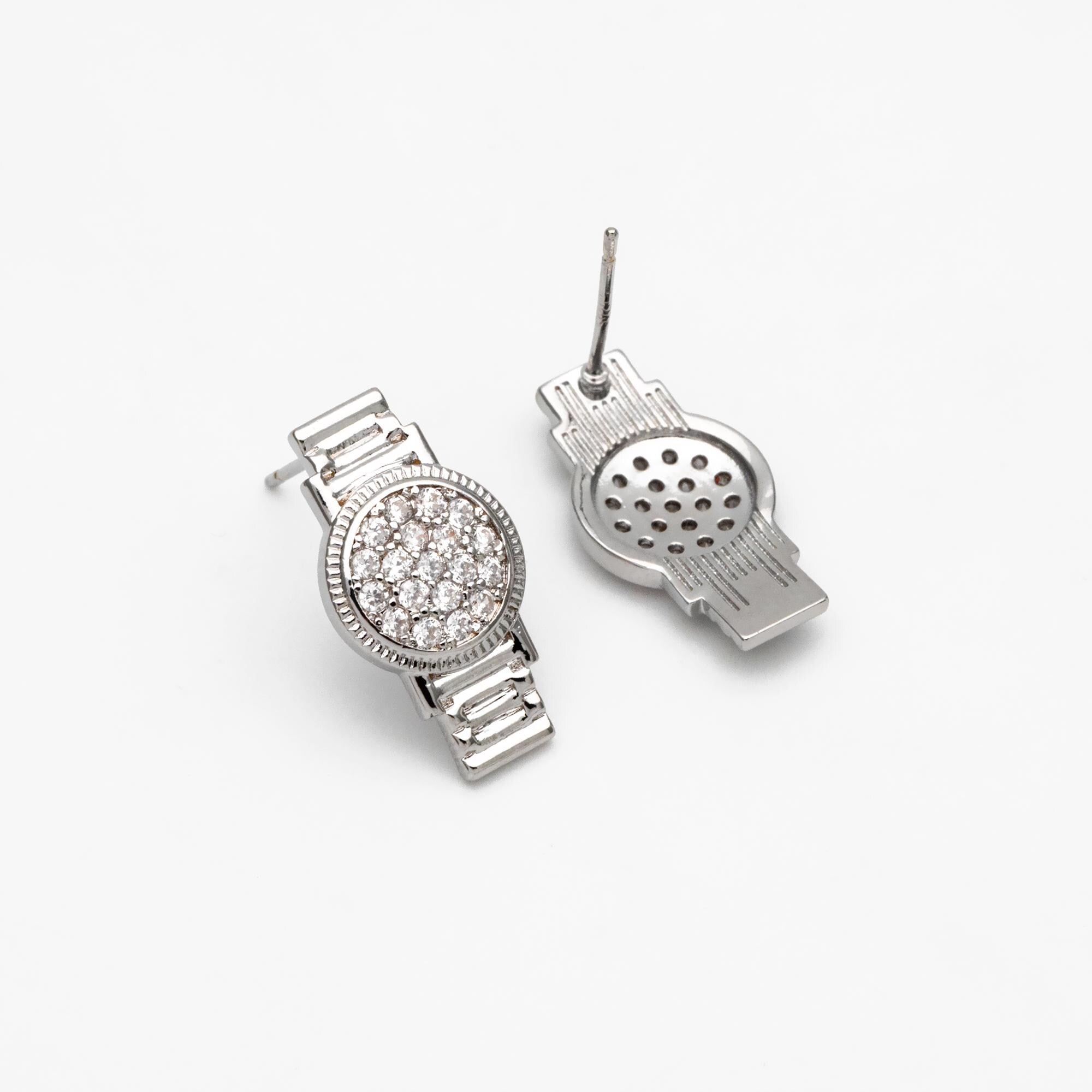 4pcs CZ Pave Gold/ Silver Watch Earrings, 18K Real Gold/ Rhodium Plated Brass, Dainty Stud Earrings (GB-4480)